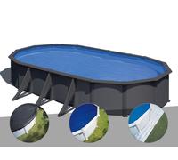 Kit piscine acier gris anthracite Gré Louko ovale 7,44 x 3,99 x 1,22 m + Bâche d'hivernage + Bâche à bulles + Tapis de sol