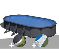 Kit piscine acier gris anthracite Gré Louko ovale 7,44 x 3,99 x 1,22 m + Bâche d'hivernage + Tapis de sol
