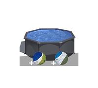 Kit piscine acier gris anthracite Gré Louko ronde 3,20 x 1,22 m + Bâche à bulles + Tapis de sol