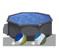 Kit piscine acier gris anthracite Gré Louko ronde 3,20 x 1,22 m + Bâche à bulles + Tapis de sol