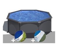 Kit piscine acier gris anthracite Gré Louko ronde 3,20 x 1,22 m + Bâche à bulles + Tapis de sol
