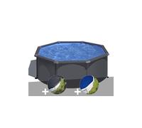 Kit piscine acier gris anthracite Gré Louko ronde 3,20 x 1,22 m + Bâche d'hivernage + Bâche à bulles