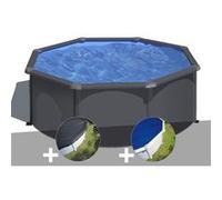 Kit piscine acier gris anthracite Gré Louko ronde 3,20 x 1,22 m + Bâche d'hivernage + Bâche à bulles