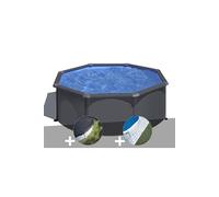 Kit piscine acier gris anthracite Gré Louko ronde 3,20 x 1,22 m + Bâche d'hivernage + Tapis de sol