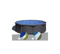 Kit piscine acier gris anthracite Gré Louko ronde 3,70 x 1,22 m + Bâche à bulles + Tapis de sol