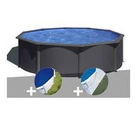 Kit piscine acier gris anthracite Gré Louko ronde 3,70 x 1,22 m + Bâche à bulles + Tapis de sol