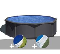 Kit piscine acier gris anthracite Gré Louko ronde 4,80 x 1,22 m + Bâche à bulles + Tapis de sol