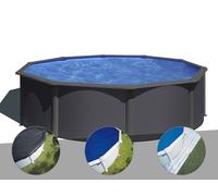 Kit piscine acier gris anthracite Gré Louko ronde 4,80 x 1,22 m + Bâche d'hivernage + Bâche à bulles + Tapis de sol