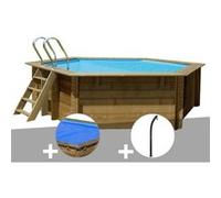 Kit piscine bois Gré Vanille Ø 4,00 x 1,19 m + Bâche à bulles + Douche