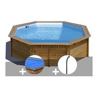 Kit piscine bois Gré Violette Ø 5,00 x 1,27 m + Bâche à bulles + Douche
