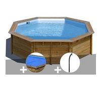 Kit piscine bois Gré Violette Ø 5,00 x 1,27 m + Bâche à bulles + Douche