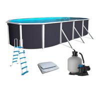 Kit Piscine hors sol ovale TOI 730x366x132 Anthracite Magnum-Filtre à sable 7 9m3-h et skimmer-Liner gris-Échelle de sécurité-Tapis