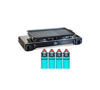 INTEC - Kit Plancha Gaz 2en1 Complet - Réchaud 2 feux Inox 4400W + Plaque Grill + 4 Cartouches Gaz Butane Intérieur/Extérieur
