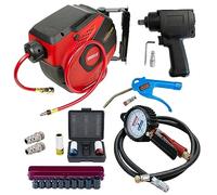 KIT PNEUMATIQUE AVEC MANOMETRE DE GONFLAGE ENROULEUR CLE A CHOC 19PCS