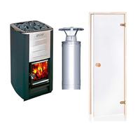 Kit poêle de sauna Harvia M3 avec cheminée WHP1500 et porte de sauna en tremble transparent 70x190 cm