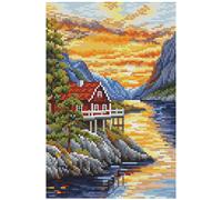 Kit Point De Croix Compté Collection D`Art "Cottage Au Bord Du Lac" 14.5x22 Cm