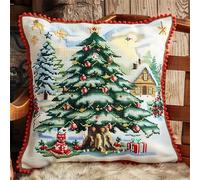 Kit Point de Croix Noël Coussin à Broder Artisanal 45X45cm Avec Fil et Aiguille Décoration Broderie Pré-imprimé DIY Pour Adulte la Chambre
