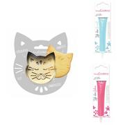 Kit pour biscuit en relief Chat + 2 Stylos au chocolat bleu pastel et fuchsia Scrapcooking