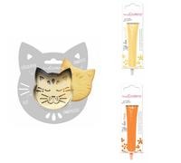 Kit pour biscuit en relief Chat + 2 Stylos au chocolat jaune pastel et orange Scrapcooking