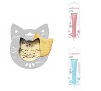 Kit pour biscuit en relief Chat + 2 Stylos au chocolat rose pastel et bleu pastel Scrapcooking