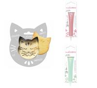 Kit pour biscuit en relief Chat + 2 Stylos au chocolat rose pastel et vert d'eau Scrapcooking