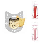 Kit pour biscuit en relief Chat + 2 Stylos au chocolat rouge et rose pastel Scrapcooking