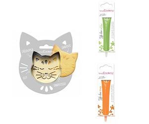 Kit pour biscuit en relief Chat + 2 Stylos au chocolat vert clair et orange