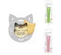 Kit pour biscuit en relief Chat + 2 Stylos au chocolat vert clair et rose pastel Gris