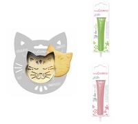 Kit pour biscuit en relief Chat + 2 Stylos au chocolat vert clair et rose pastel Scrapcooking