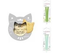 Kit pour biscuit en relief Chat + 2 Stylos au chocolat vert clair et vert d'eau Gris