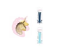 Kit pour biscuit en relief Licorne + 2 Stylos au chocolat bleu nuit et bleu pastel