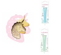 Kit pour biscuit en relief Licorne + 2 Stylos au chocolat bleu pastel et vert d'eau Scrapcooking
