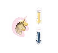 Kit pour biscuit en relief Licorne + 2 Stylos au chocolat jaune pastel et bleu nuit