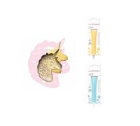 Kit pour biscuit en relief Licorne + 2 Stylos au chocolat jaune pastel et bleu pastel