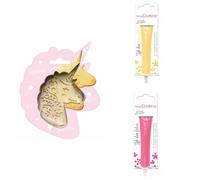 Kit pour biscuit en relief Licorne + 2 Stylos au chocolat jaune pastel et fuchsia Scrapcooking