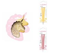 Kit pour biscuit en relief Licorne + 2 Stylos au chocolat jaune pastel et rose pastel Scrapcooking