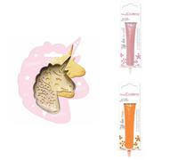 Kit pour biscuit en relief Licorne + 2 Stylos au chocolat rose pastel et orange Scrapcooking