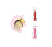 Kit pour biscuit en relief Licorne + 2 Stylos au chocolat rouge et fuchsia