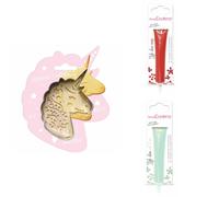 Kit pour biscuit en relief Licorne + 2 Stylos au chocolat rouge et vert d'eau Scrapcooking