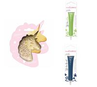 Kit pour biscuit en relief Licorne + 2 Stylos au chocolat vert clair et bleu nuit Scrapcooking