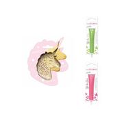 Kit pour biscuit en relief Licorne + 2 Stylos au chocolat vert clair et fuchsia
