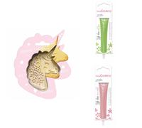 Kit pour biscuit en relief Licorne + 2 Stylos au chocolat vert clair et rose pastel Scrapcooking