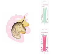 Kit pour biscuit en relief Licorne + 2 Stylos au chocolat vert d'eau et fuchsia Scrapcooking