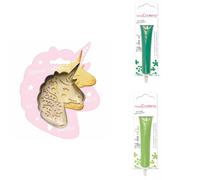 Kit pour biscuit en relief Licorne + 2 Stylos au chocolat vert et vert clair Scrapcooking