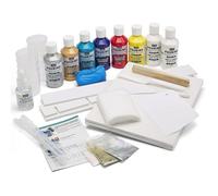 Pébéo - Kit Pouring Expériences 47 Pièces - Coffret Fluid Art - Peinture Acrylique Pré-mélangée Prête à l'Emploi - 8 Flacons 118ml Couleurs Assorties + Huile de Silicone 50ml + 4 Cartons Toilés 524600