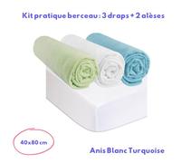 Kit pratique de linge de lit bebe : 3 draps housse 40x80 multicouleur + 2 alèses, protèges matelas 40x80 berceau bebe 100% coton