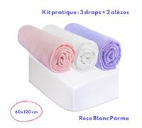Kit pratique de linge de lit bebe : 3 draps housse 60x120 multicouleur + 2 alèses, protèges matelas 60x120 lit bebe 100% coton
