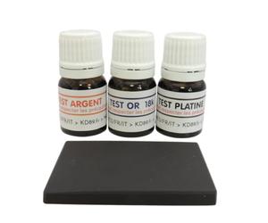 Kit prêt à l'emploi pour tester les métaux, déterminer si votre bijoux est en Or 18k, Argent 925/1000 ou Platine. Pierre de touche incluse !