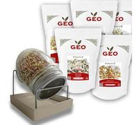 Kit Protéiné GEO - Germoir en verre + 5 Graines à germer bio (Haricot Mungo 700 g · Lentille 600 g · Pois Chiches 500 g · Pois Verts 350 g · Fenugrec 300 g) | Très haute germinabilité ≥ 95 %