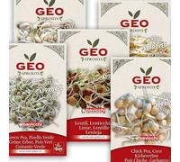 Kit Protéiné PETIT GEO - 5 Graines à germer bio (Fenugrec · Lentilles Vertes · Pois Verts · Pois Chiches · Haricots Mungo) | Très haute germinabilité ≥ 95 % | Longue conservation
